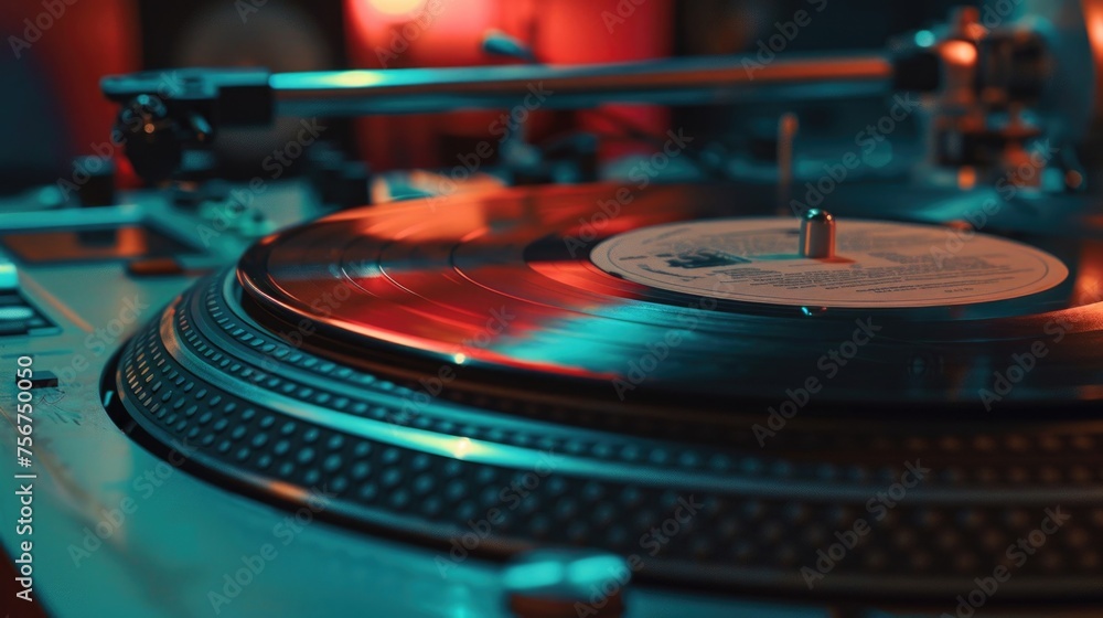 Poster close up view of a turntable with a record on it. great for music or vintage themes