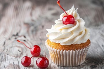 Tasty cupcake with butter cream and red cherry on wooden table - obrazy, fototapety, plakaty