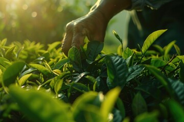 A person picking tea leaves in a field. Suitable for agricultural concepts
