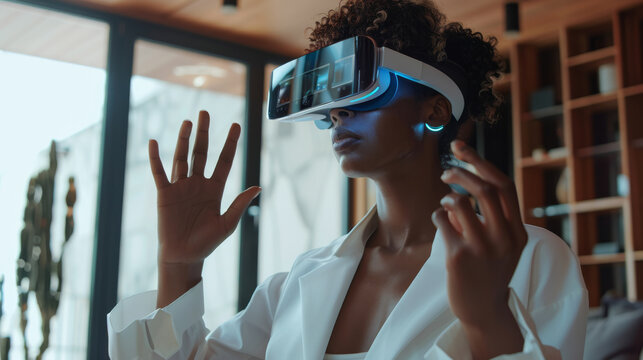 African American woman in white augmented virtual reality glasses gesticulates with her hands while controlling a virtual screen while standing in a modern home