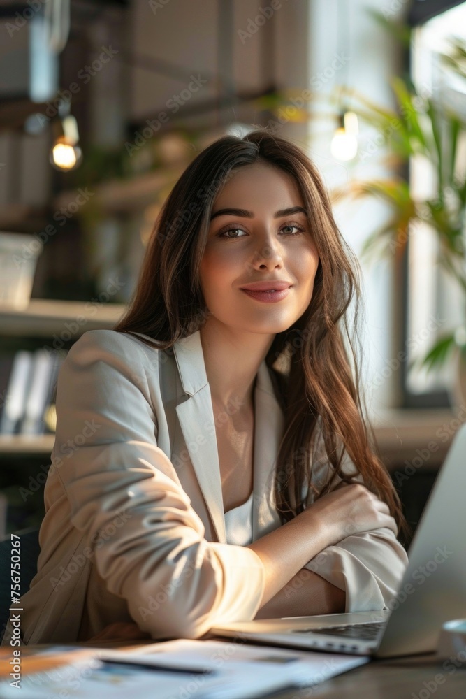 Poster a woman sitting in front of a laptop computer. suitable for technology and work concept