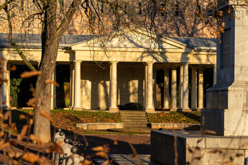 Brno, Czech Republic - 21 December 2023: Old building with columns in the city park in the city...