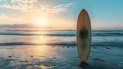 Surfboard on the beach. Sunrise above the sea