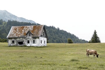A cow peacefully grazing in a field in front of a house. Suitable for rural, farm, or countryside themes