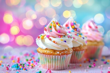 Tasty cupcakes with butter cream and sprinkles on blurred lights background - obrazy, fototapety, plakaty