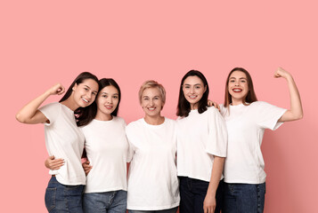 Many beautiful women on pink background. Women history month
