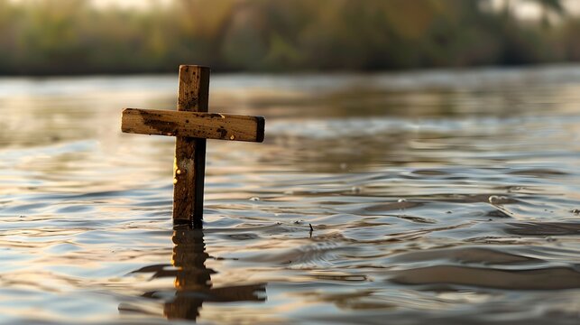 symbol of Baptism a wooden cross in the Jordan River. with copy space image. Place for adding text or design