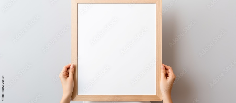 Aufkleber the person is holding a rectangular wooden picture frame with a white background. the frame has a pe