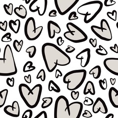 Seamless abstract celebrating pattern with hearts. Simple background in black, grey and white colors. Digital texture. Design for textile fabrics, wrapping paper, background, wallpaper, cover.