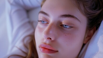 A woman peacefully laying in bed with her eyes closed. Suitable for relaxation and sleep-related concepts