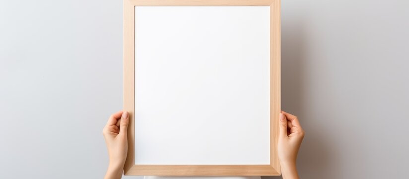 The person is holding a rectangular wooden picture frame with a white background. The frame has a peachcolored font design and is being displayed in a room