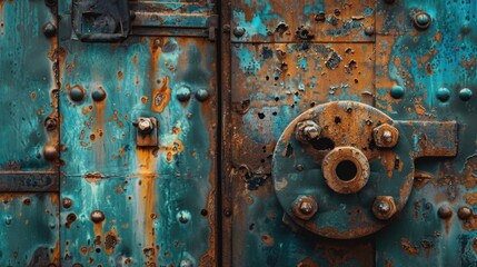 A rusted metal door with a rusty lock. Suitable for industrial or urban themes