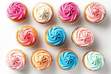 Top view of colorful cupcakes with butter cream on white background - obrazy, fototapety, plakaty