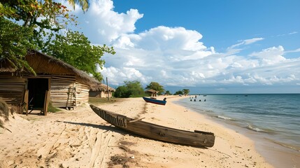 The beach of Ifaty, Mangily, near Toliara / Tulear South West Madagascar. Tropical sandy beach, thatched huts, exotic vegetation, traditional wooden fishing boat, people swimming and beautiful sky 