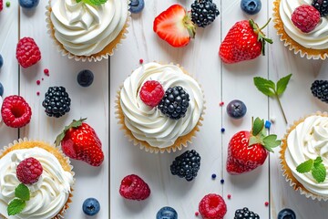 Top view of cupcakes with butter cream and ripe berries on wooden table - obrazy, fototapety, plakaty