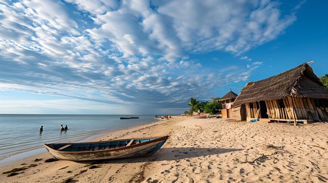 The beach of Ifaty, Mangily, near Toliara / Tulear South West Madagascar. Tropical sandy beach, thatched huts, exotic vegetation, traditional wooden fishing boat, people swimming and beautiful sky 