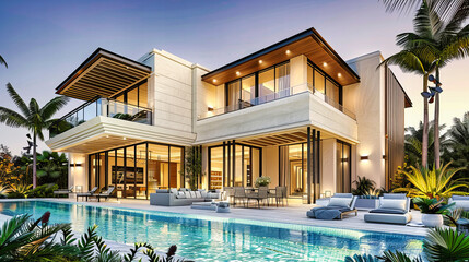 Luxurious Villa with Modern Architecture, Elegant Pool, and Beautiful Garden for an Exotic Suburban Lifestyle at Night