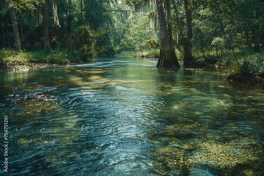 Poster scenic view of a river flowing through a lush green forest. suitable for nature and landscape themes