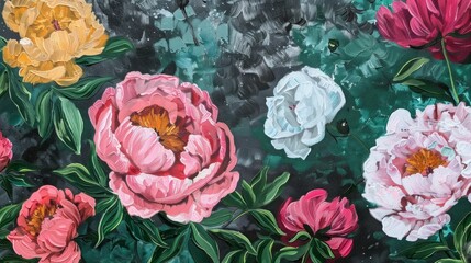 Painted Acrylic Peonies with Grain Texture Generative AI