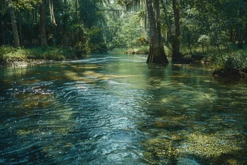 Poster Scenic view of a river flowing through a lush green forest. Suitable for nature and landscape themes © Fotograf