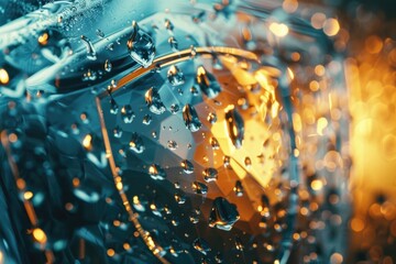 Close up of a car mirror with water droplets, suitable for automotive industry promotion - obrazy, fototapety, plakaty