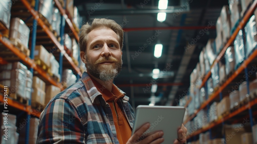 Poster A man holding a tablet device in a warehouse. Ideal for technology or logistics concepts