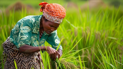 The Unidentified woman malagasy worker harvesting rice field in Madagascar