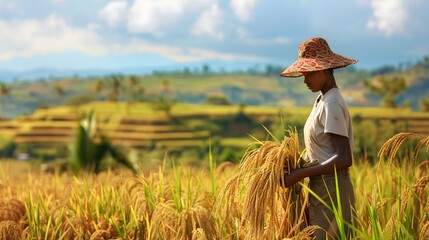 The Unidentified woman malagasy worker harvesting rice field in Madagascar - obrazy, fototapety, plakaty