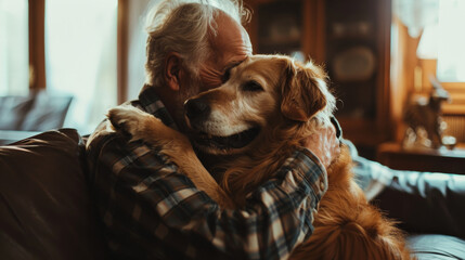 A senior man hug a white dog in the living room - obrazy, fototapety, plakaty