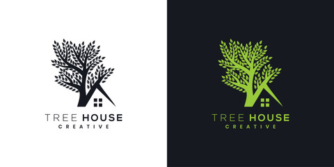 Green tree house vector logo, growth ecology tree house logo.