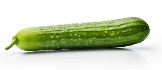 A green cucumber, a staple food and vegetable, rests on a white surface. This terrestrial plant is a natural food and ingredient in vegan nutrition