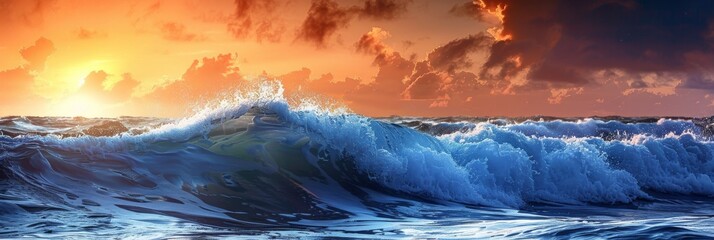 Majestic blue wave rolls gracefully across ocean, captivating sunset scene, Generative AI