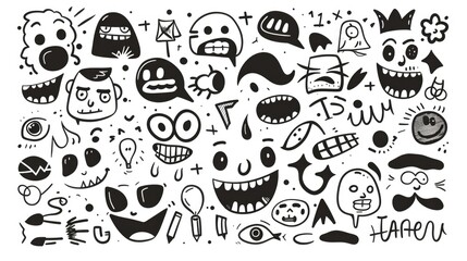 A collection of different faces in a black and white drawing. Suitable for graphic design projects
