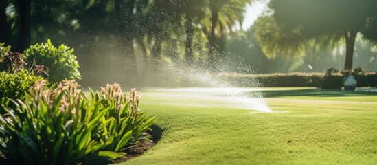 A sprinkler is watering a vibrant green lawn, enhancing the natural landscape with its lush grass and creating a refreshing oasis in the midst of the asphalt road