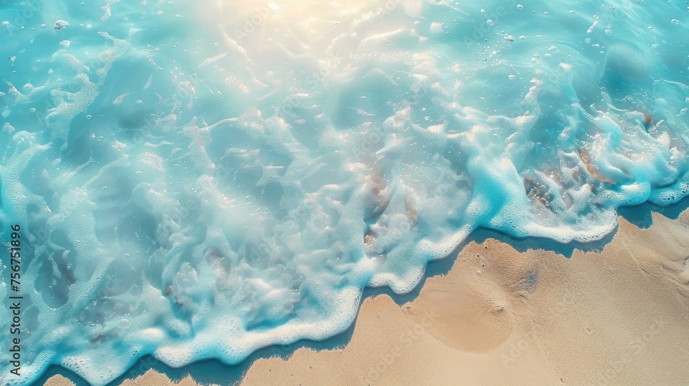 Poster a detailed view of a wave crashing on the sandy beach. perfect for travel and nature concepts