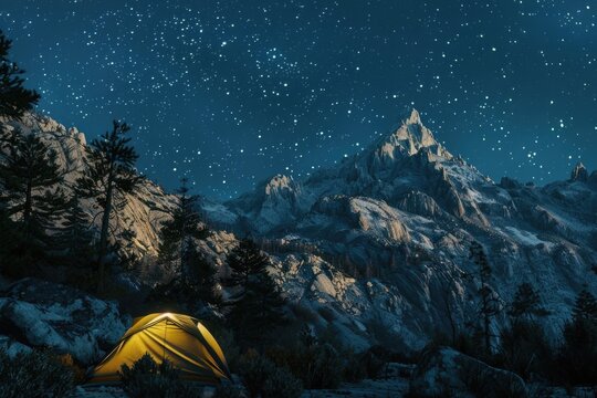 A tent pitched up in the mountains at night. Ideal for outdoor and adventure concepts