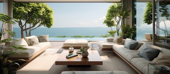Modern luxury beach house living room with indoor plant and coffee table near glass window - Home interior .