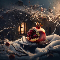 Digital painting of Pomegranate on tree branch in front of an old wooden house in winter forest. Christmas and romantic vintage snowy backgorund. Vintage christmas wallpaper	 - obrazy, fototapety, plakaty