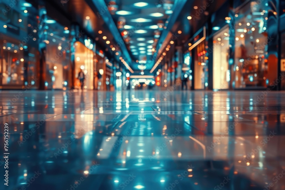 Poster an empty shopping mall with bright lights. suitable for retail concepts