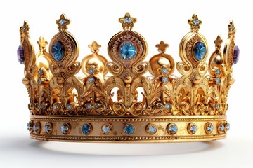 Exquisite Jeweled Gold Crown, Concept for Elegance, Royalty, Rulership, Wealth, Extravagance. Generative AI.
