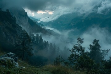 A mist-covered mountain valley filled with trees and obscured by low-hanging clouds.