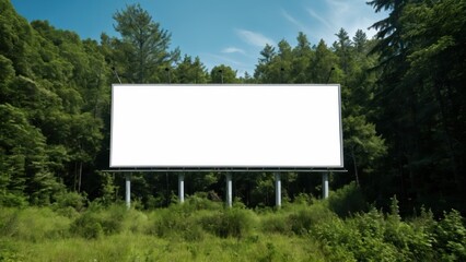 Blank Mockup, empty template. Eco-friendly billboard mockup in a serene natural setting, blending with the green landscape.