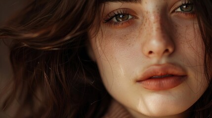 Fototapeta premium Close up of a woman with freckles. Suitable for beauty and skincare concepts