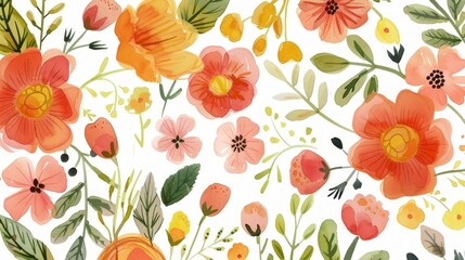 Gouache Flat Florals with Grain Texture on White Background Generative AI