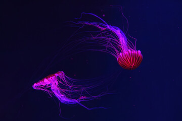 Group of fluorescent jellyfish swimming underwater aquarium pool with red light. Japanese sea nettle chrysaora pacifica in blue water, ocean. Theriology, biodiversity, undersea life, aquatic organism © katyamaximenko