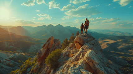Climbing Together: A Tourist's Hand Pulls Friend to Mountain Summit
 - obrazy, fototapety, plakaty