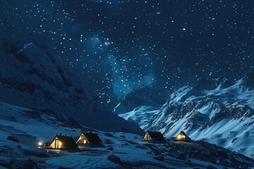 Small cabins on a snowy mountain peak. Perfect for winter vacation ads