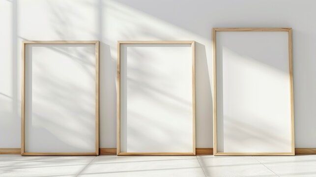 empty frame on the wall, Three frames standing side by side on a white wall, three blank poster, light wood frames, well sunlight, shadow, 