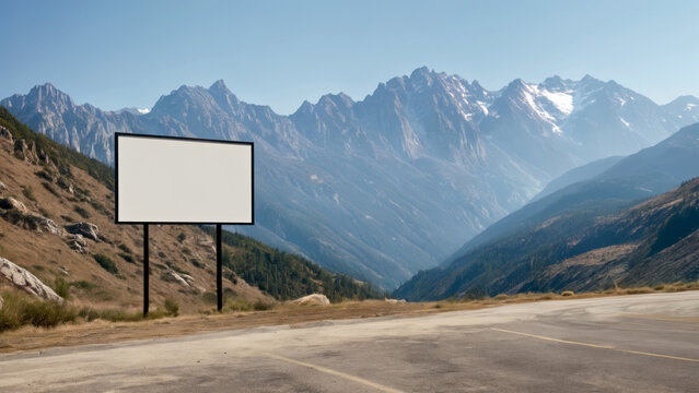 Blank Mockup, empty template. Sturdy billboard mockup standing tall amidst majestic mountains, capturing the adventurous spirit.