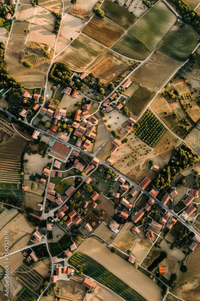 Poster aerial view of a small town surrounded by fields. suitable for various marketing materials